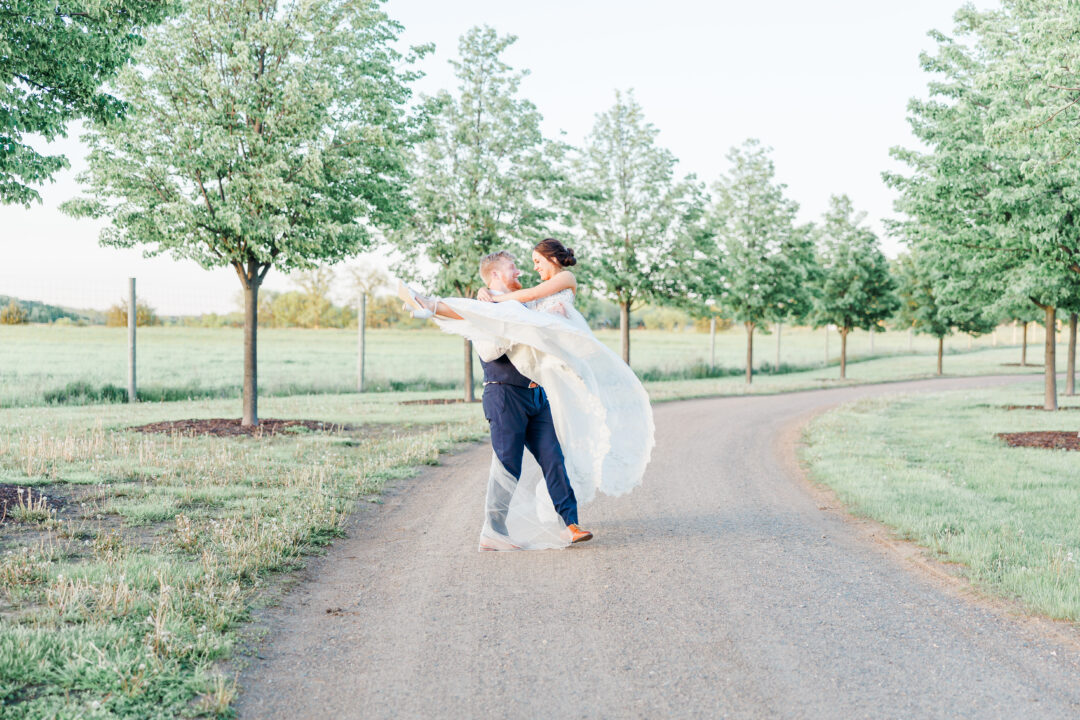 Redeemed Farm wedding sunset photos of bride and groom