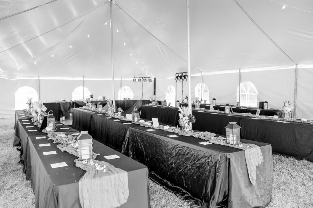 wedding reception in tent at stable waters ranch